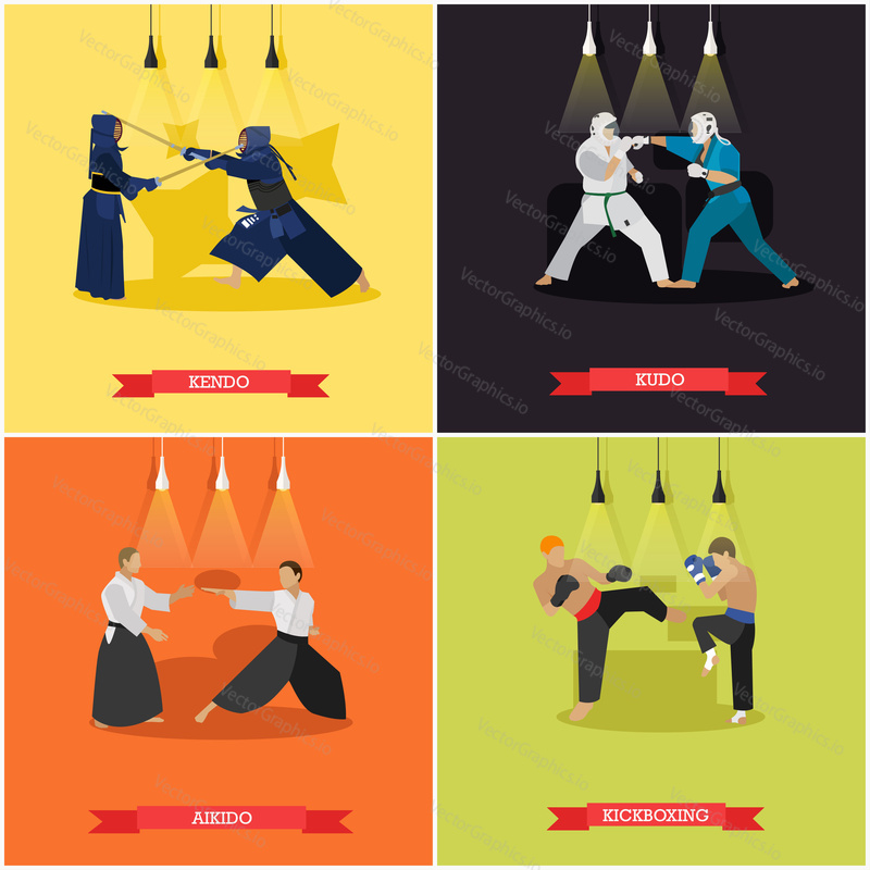 Vektorová sada bojových umění. Kendo, kudo, aikido a kickbox. Bojovníci ve sportovních pozicích.Plochý design.