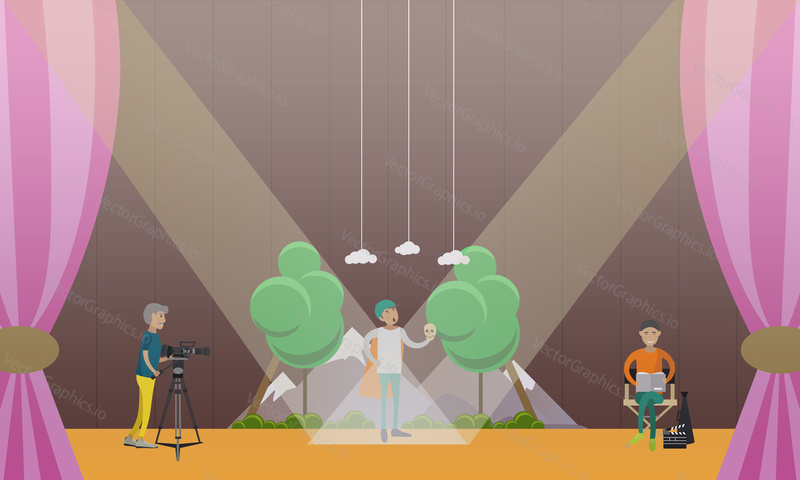 Vektorová ilustrace herce hrajícího roli Hamleta v Shakespearově tragédii, kameramana s videokamerou na stativu a producenta čtení scénáře. Divadelní koncept designový prvek v plochém stylu.