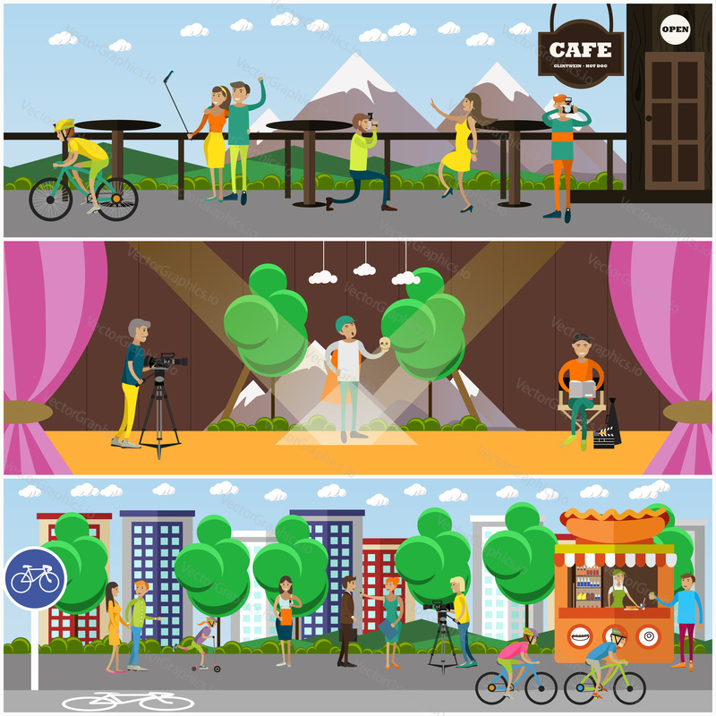 Vector set of posters, banners with people doing interview, taking selfie and photos, shooting film. The news reporter, journalist, anchorman, videographer, producer and actor characters. Flat design.