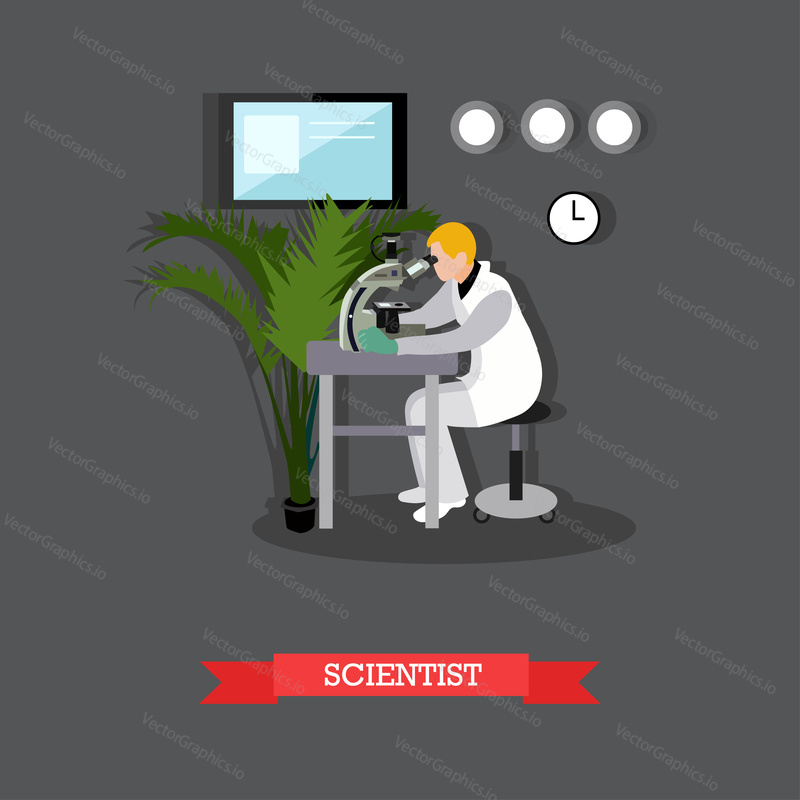 Vector illustration of scientist looking through microscope in flat style. Laboratory interior and equipment. Scientific research concept design element.