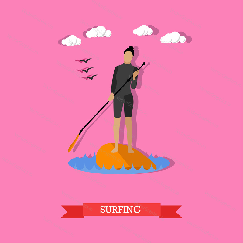 Mladá žena v neoprenu plavat na stand up paddle board. Sup surfování. Aktivní životní styl. Vektorové ilustrace v plochém designu