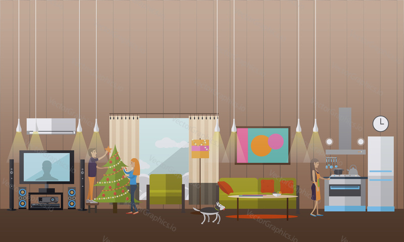 Vector illustration of preparation to New Years Eve celebration concept design elements in flat style. Couple decorating christmas tree with baubles and lights. Woman cooking festive dinner in kitchen