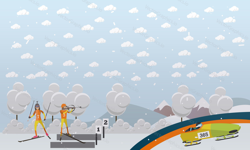 Winter sports concept vector illustration. Bobsleigh, biathlon, sports competition and people competing flat style design elements.