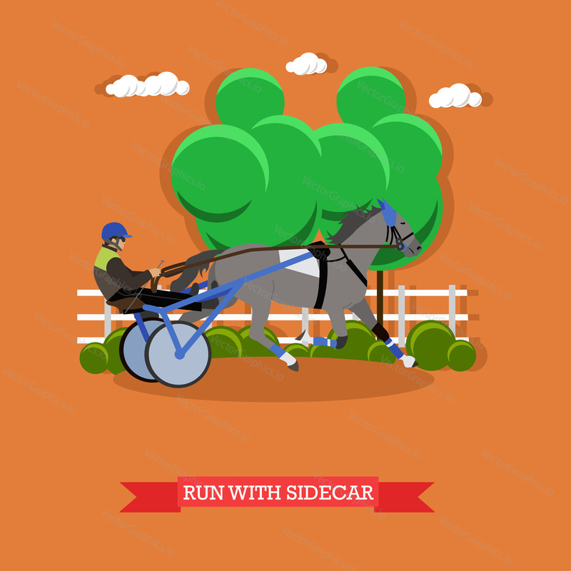 Žokej ovládá koně v koňském vozíku, drží otěže, hnací bič. Jezdecký sport. Vektorové ilustrace v plochém designu