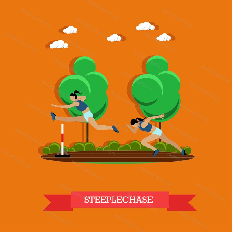 Vektorová ilustrace dvou sportovkyň steeplechase. Atletické soutěže. Sportovci běží na trati a skákají přes překážku. Plochý design