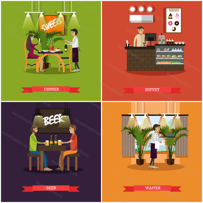 Vector set of pub concept posters. Dinner, Buffet, Beer and Waiter flat style design elements.