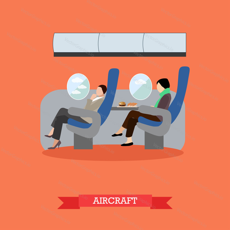 Letecká společnost cestovní cestující koncept vector banner. Lidé v letadle. Interiér letecké dopravy.