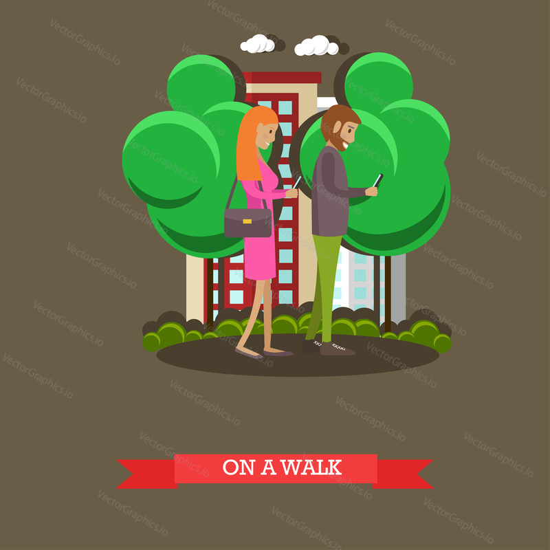 Vector illustration of man and woman walking in the street and making use of smartphone or cell phone. Modern gadgets for daily life concept design element in flat style.