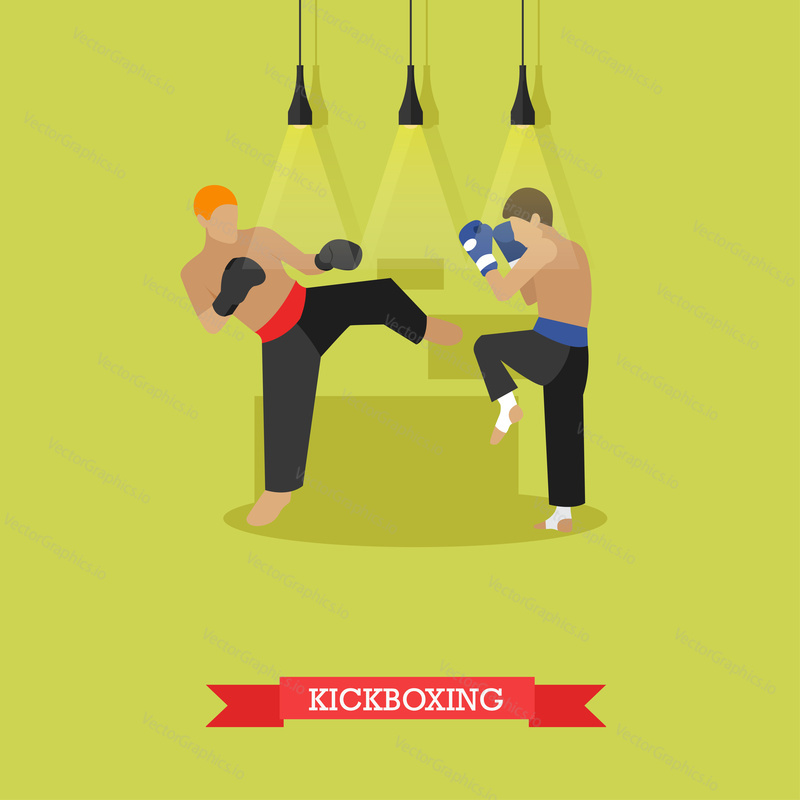 Dva mladí kickboxeři v boxerských rukavicích trénují a cvičí kopy. Kickboxer zasáhne boční kop na soupeřovy nohy a snaží se zlomit jeho blok. Vektorové ilustrace v plochém designu