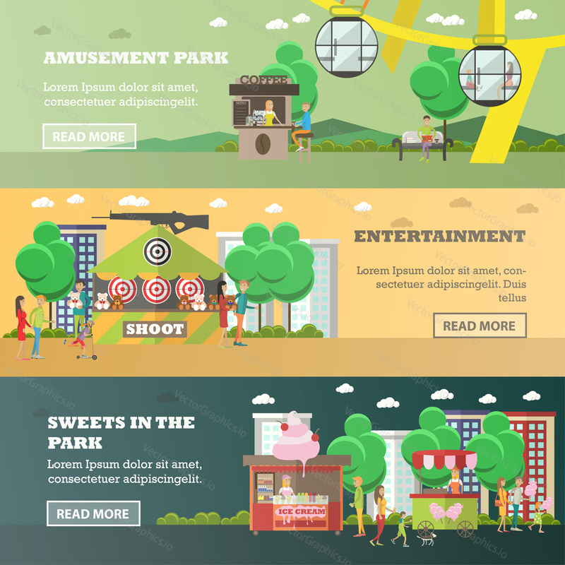 Vector set of amusement park concept horizontal banners. Amusement park, Entertainment, Sweets in the park design elements in flat style.