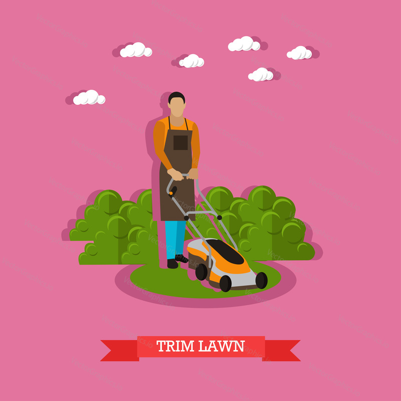 Gardener mowing the lawn with mower. Cutting grass, trimming yard, gardening. Vector illustration in flat design.