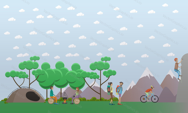 Vector illustration of characters making meal on the open fire, climbing up the rock, hiking, riding bicycle. Hiking in mountains concept design element in flat style.