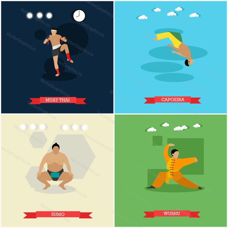 Vektorová sada bojových umění. Sumo, capoeira, muay thai a wushu. Národní bojové sporty Japonska, Brazílie, Thajska a Číny. Plochý design