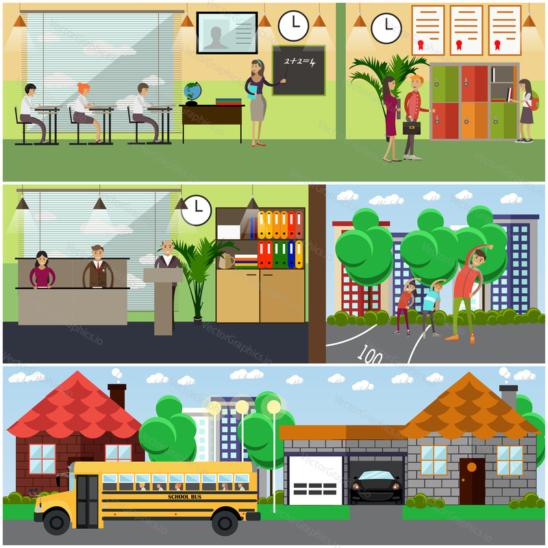 Vector set of school concept design elements in flat style. Classroom at school, university, college. Students, teachers, professor characters. Locker, school bus.