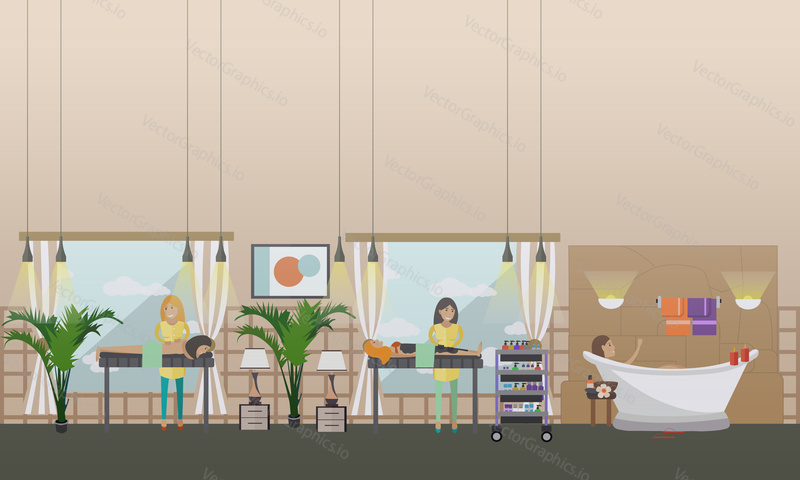 Vector illustration of women enjoying spa body treatment, taking baths. Relaxation massages and warming body wraps, spa services concept design element in flat style.