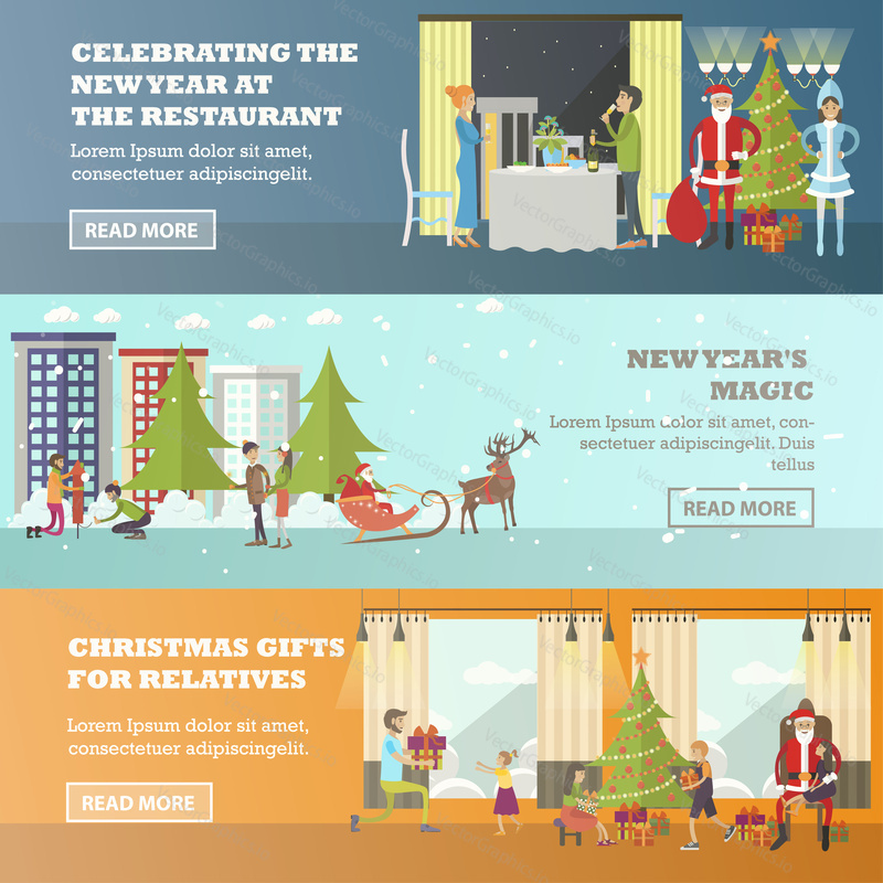 Vector set of Christmas and New Years Eve celebration concept banners. Celebrating the New Year at the restaurant, New Years magic, Christmas gifts for relatives design elements in flat style.