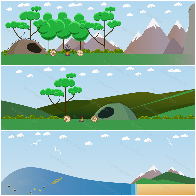 Vector set of leisure interior concept posters, banners, nature backgrounds. Places for summer outdoor activities. Flat style design.