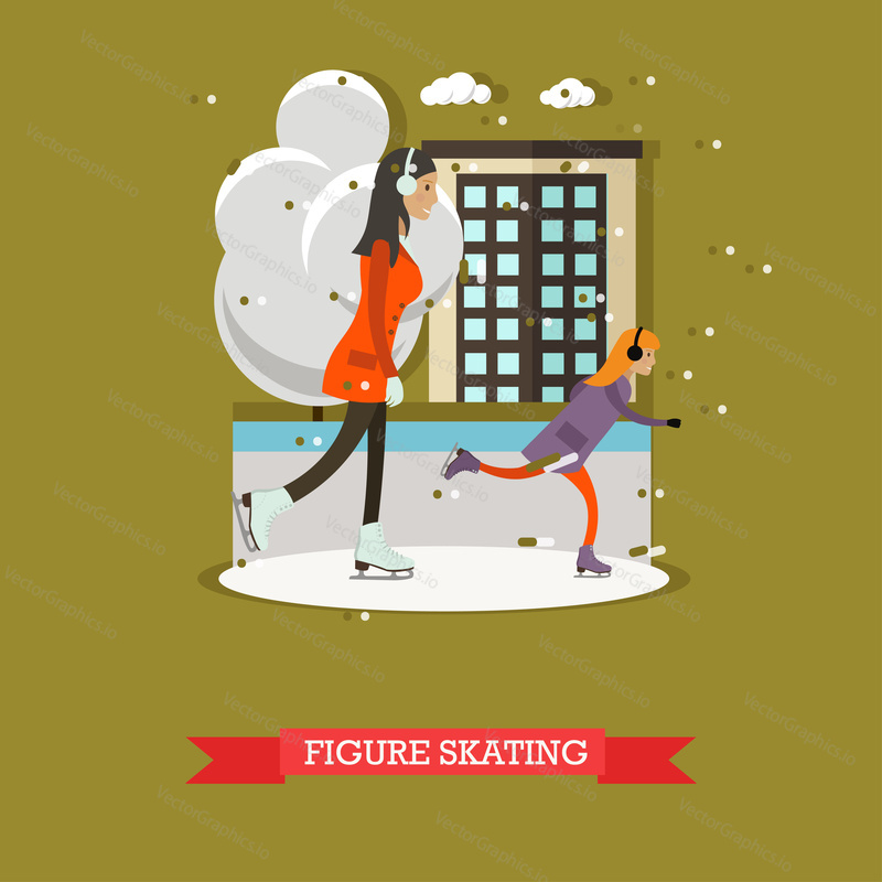 Vector illustration of mother with daughter skating. Cartoon characters. Winter sports and recreation concept design element in flat style.