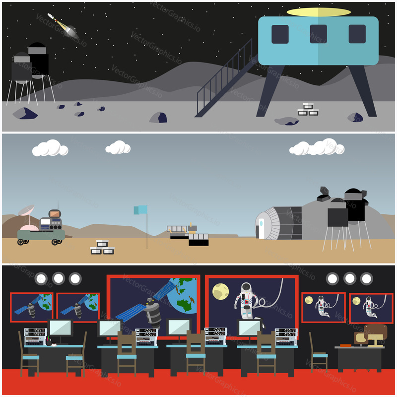 Vector set of space concept posters, banners. Mission control center, outer space, space bases on Mars and on the Moon, space technologies flat style design elements.