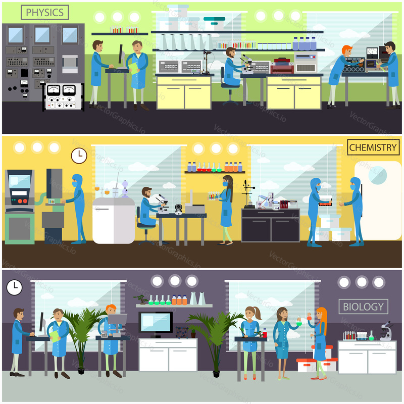 Vector set of banners, posters with scientific laboratory interiors and biologists, chemists, physicists carrying out experiments. Scientific research laboratory concept design elements in flat style.