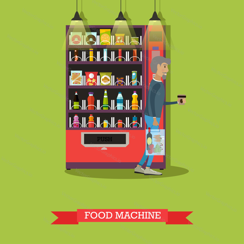 Vektorová ilustrace potravinářského stroje s občerstvením a nápoji, muž s kávou. Prodejní automaty service concept designový prvek v plochém stylu.