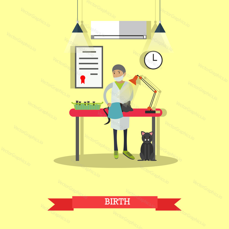 Vector illustration of veterinary surgeon assisting in kitten birth. Vet clinic services concept design element in flat style.