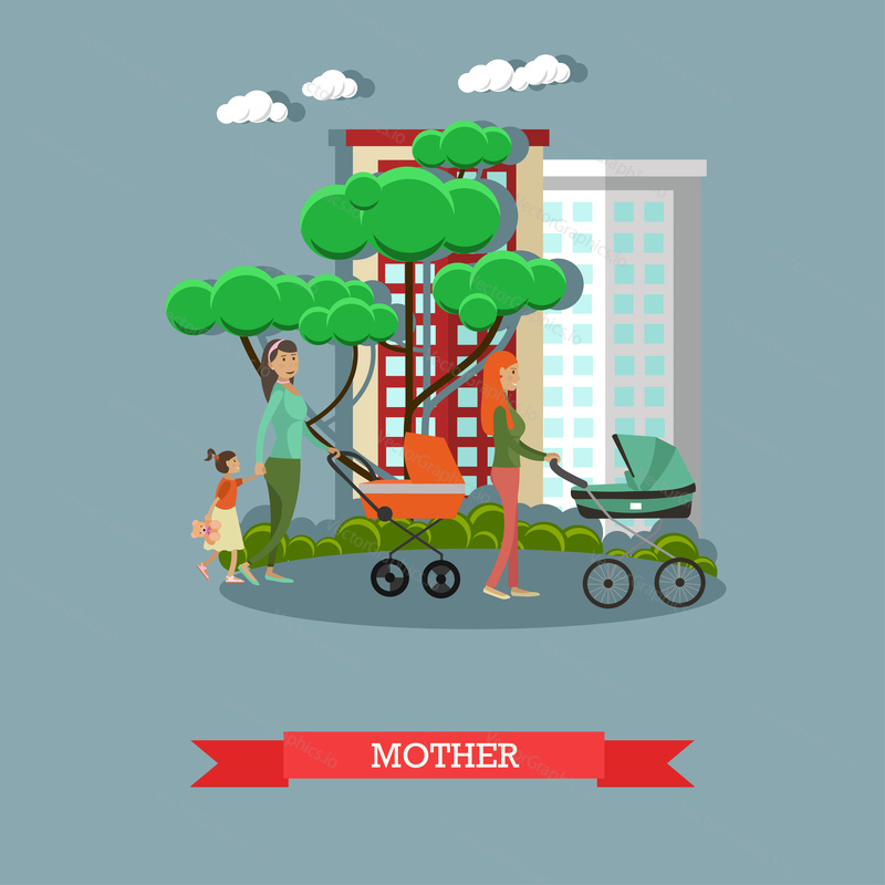 Vector illustration of happy mothers with their children walking in the park. Family concept design element in flat style.