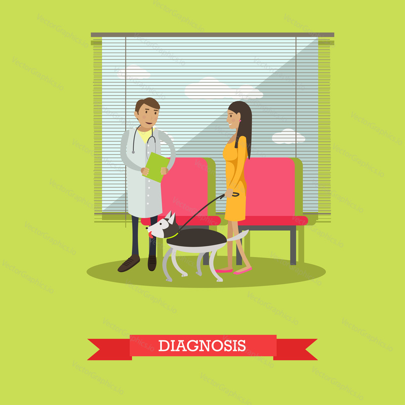 Vektorová ilustrace veterinárního lékaře, který mluví se ženou o diagnóze po lékařské prohlídce svého psa. Vet clinic services concept designový prvek v plochém stylu.