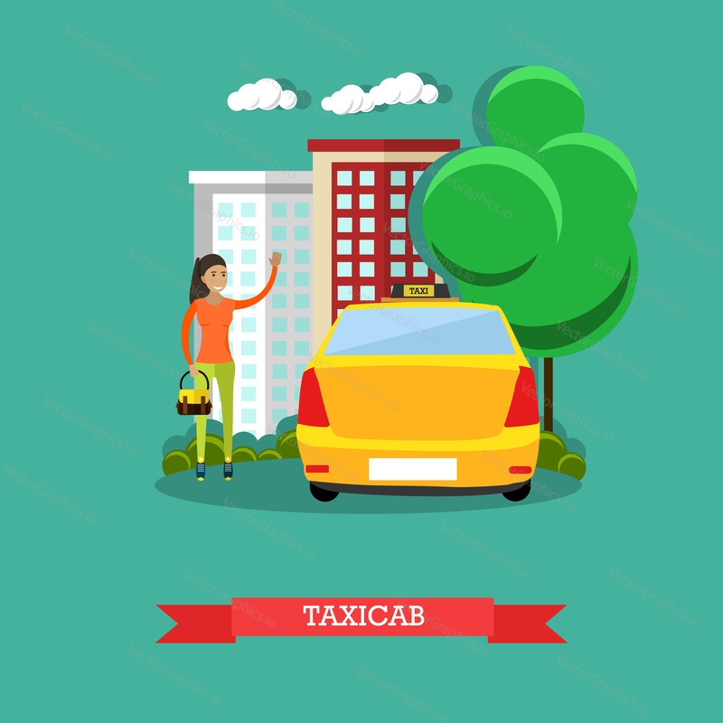 Vektorová ilustrace ženy chytající taxi, přivolání taxíku. Street traffic concept designový prvek v plochém stylu.