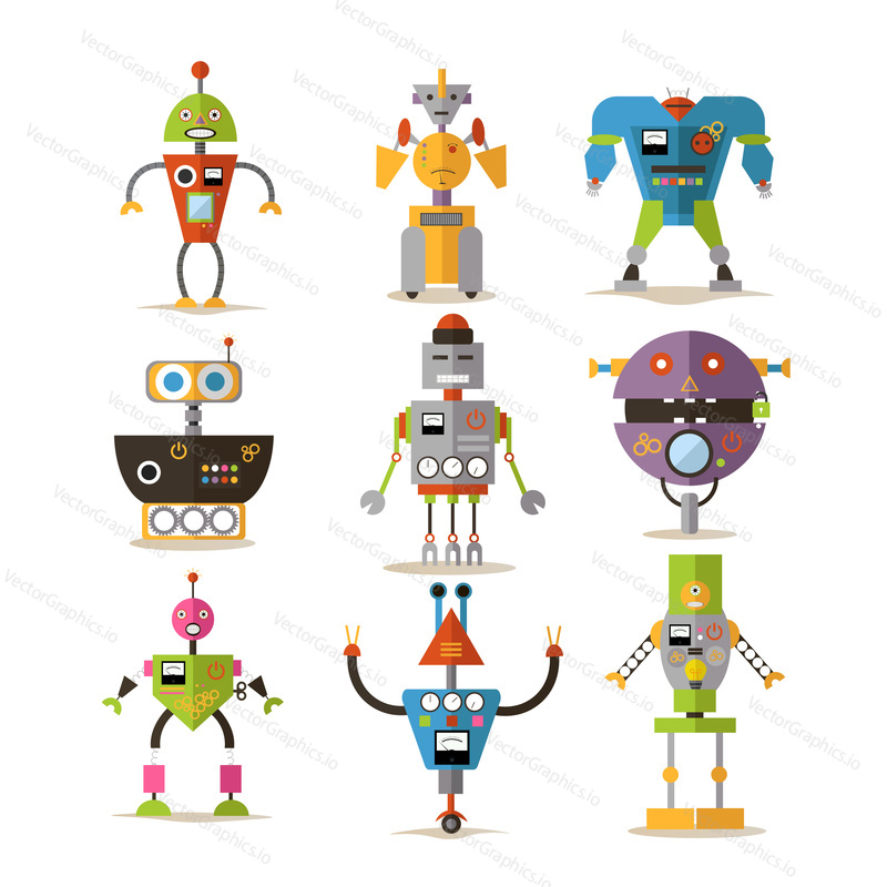 Vector set of cartoon robots isolated on white background. Color design elements, icons in flat style.