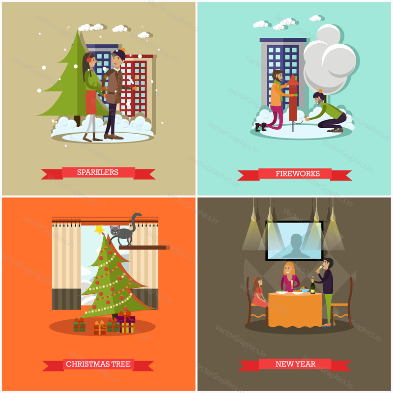 Vector set of New Years Eve celebration concept posters, banners. Sparklers, Fireworks, Christmas tree and New Year design elements in flat style.