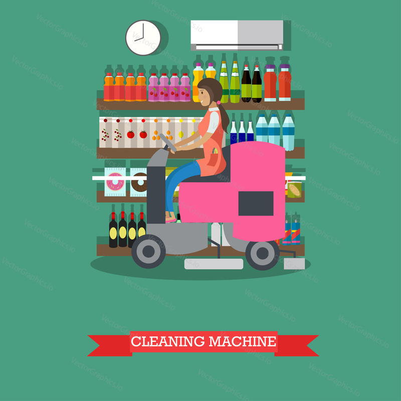 Woman use cleaning machine to clean floor in grocery store. Floor care and cleaning service in supermarket shop.