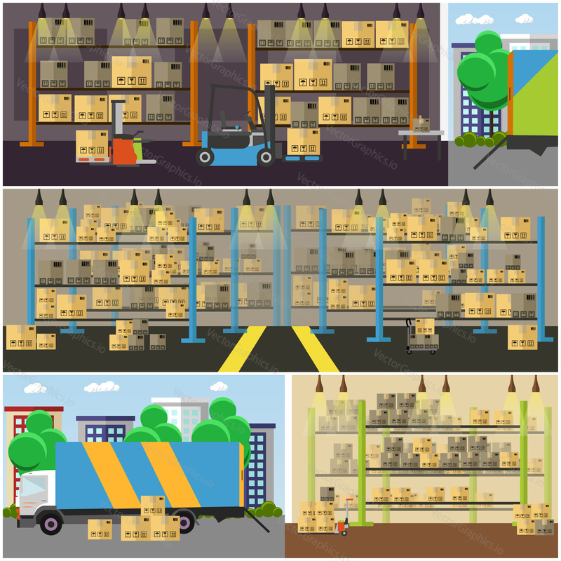 Logistické a doručovací služby concept banner. Interiér skladu. Vektorová ilustrace v designu plochého stylu.