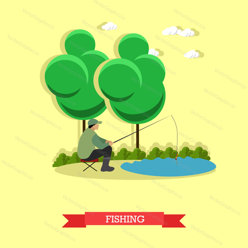 Man fishing on a lake. Fisherman holding a fishing pole. Vector concept poster.