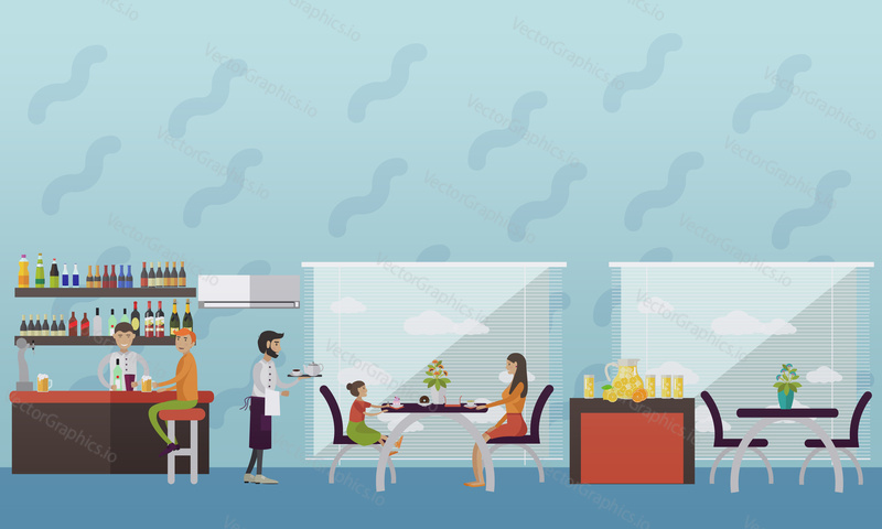 Vector banner with restaurant interior. People having lunch in cafe and bar.