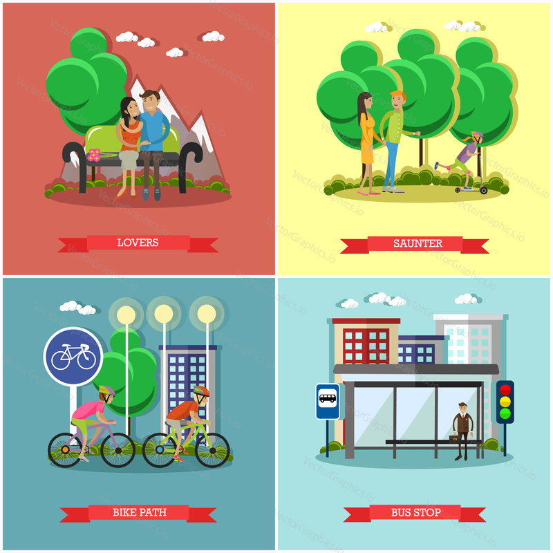 Lidé v parku koncepční bannery vektorové sady. Čas s dětmi a přáteli v parku. Vektorová ilustrace v designu plochého stylu. Muž čeká na MHD na autobusové zastávce. Pár sedí na lavičce.