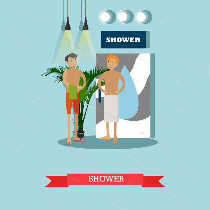 Muži ve sprše ve fitness centru vector concept plakát. Mužská sauna v tělocvičně klub ilustrace v plochém stylu designu. Lidé s ručníky po sprše.