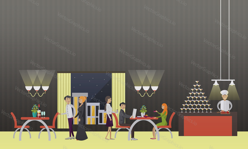 Vektorový banner s interiérem restaurace. Lidé na večeři v kavárně. Koncept strany.