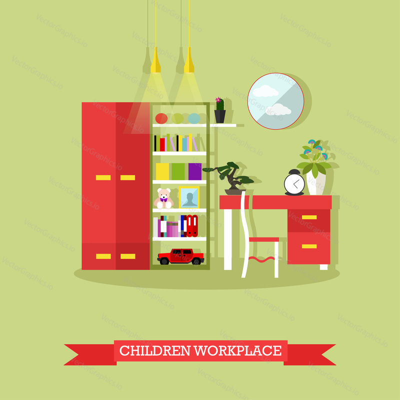 Teenager bedroom interior objects in flat style. Vector illustration. House room design elements and icons.
