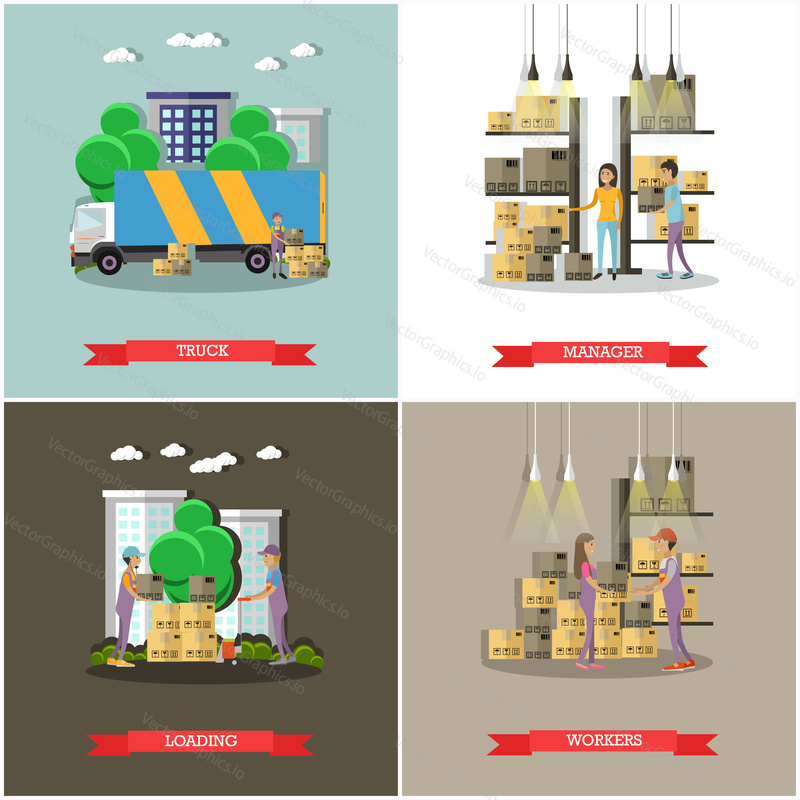 Logistické a doručovací služby concept bannery. Skladník. Vektorová ilustrace v designu plochého stylu. Doručovatel pracující ve skladu a přepravních produktech.
