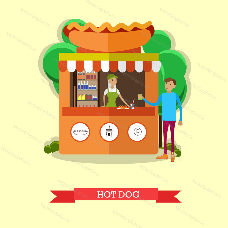 Hot dog stand concept vector poster. City street food business.