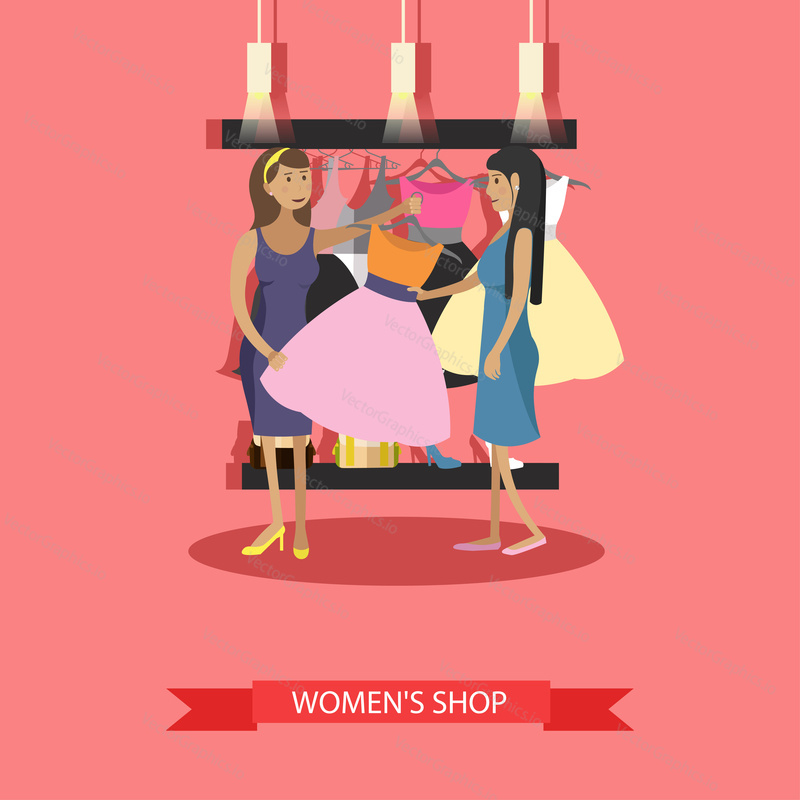 Fashion woman clothes store interior. Vector illustration. Design elements and banners in flat style. People shopping in a mall concept.