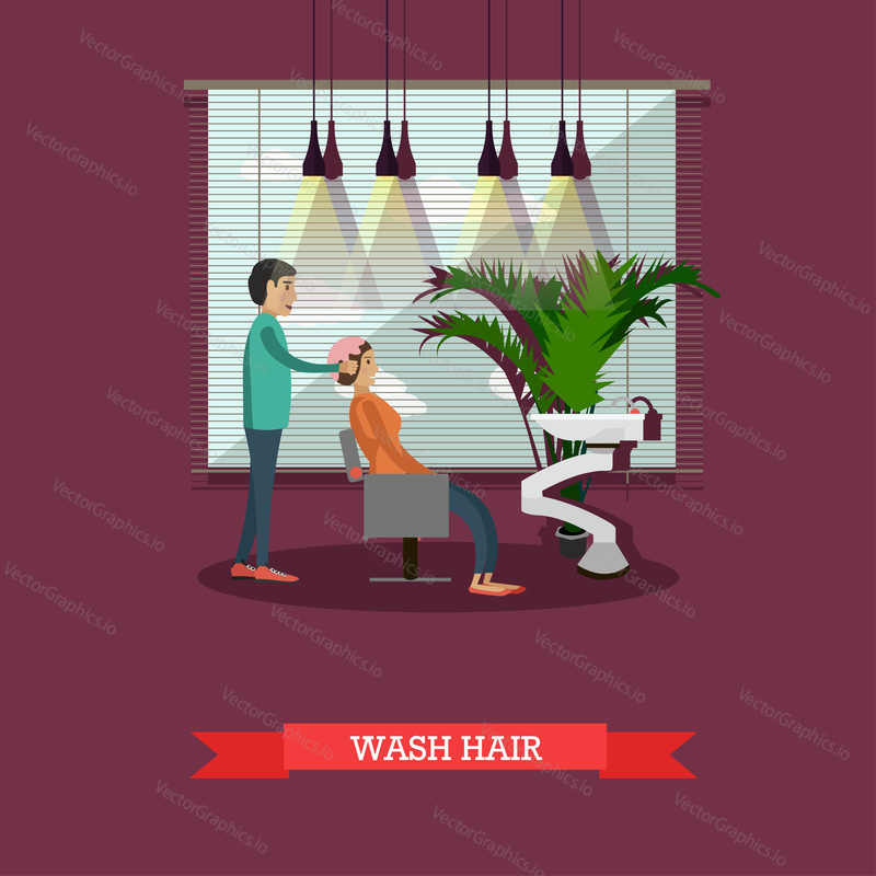 Beauty salon vector concept bannery. Zákazník ve studiu mytí vlasů ilustrace v plochém kresleném stylu.