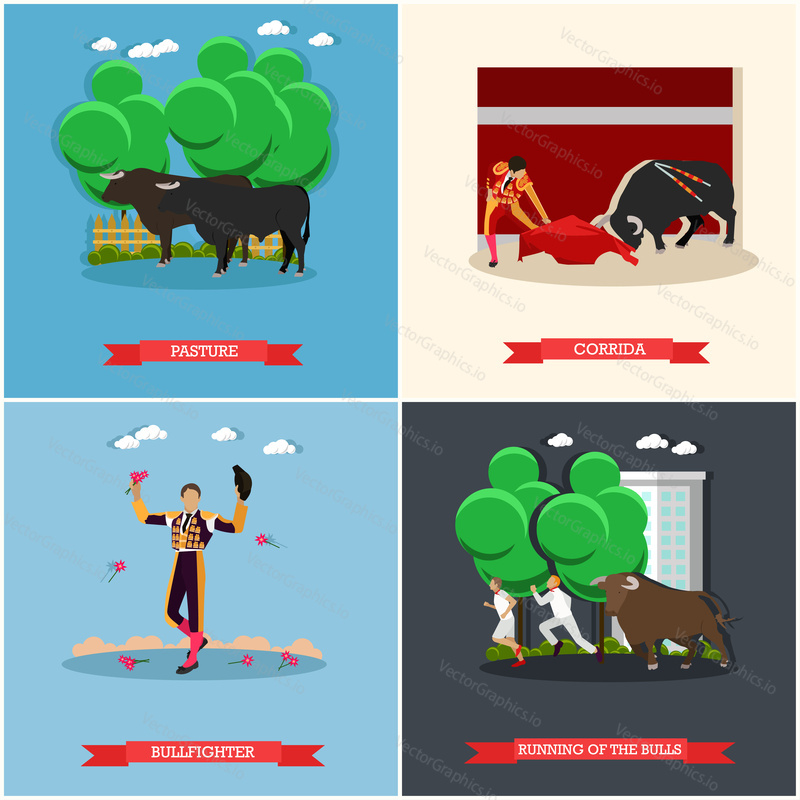 Spain Corrida and Running of the Bulls concept vector illustration. Bull and a matador.