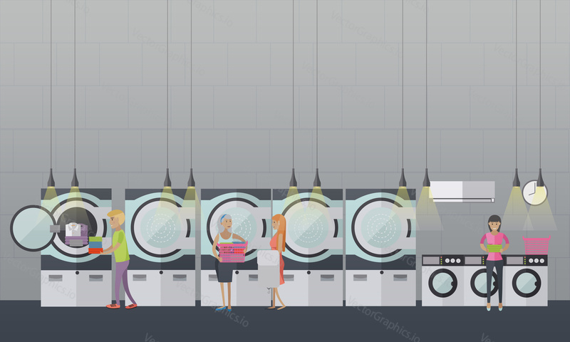 People in self-service laundry service vector poster. Laundry room interior banner.