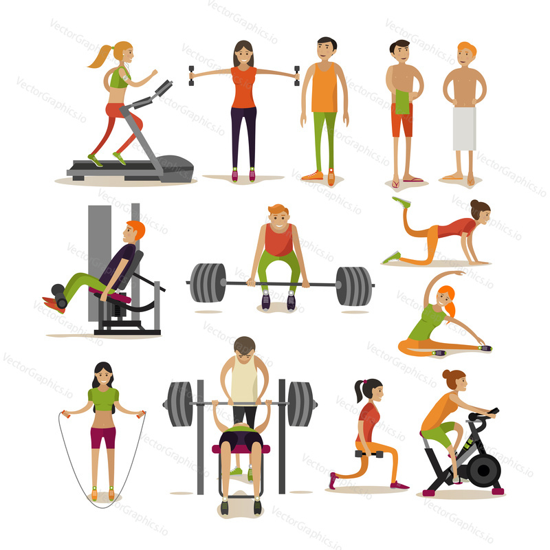 Vector set of people in gym characters isolated on white background. Fitness and workout exercise in gym. Icons in flat style isolated on white background.