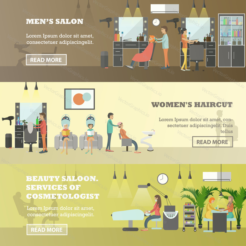 Beauty salon vector banners. People doing hair cut, manicure