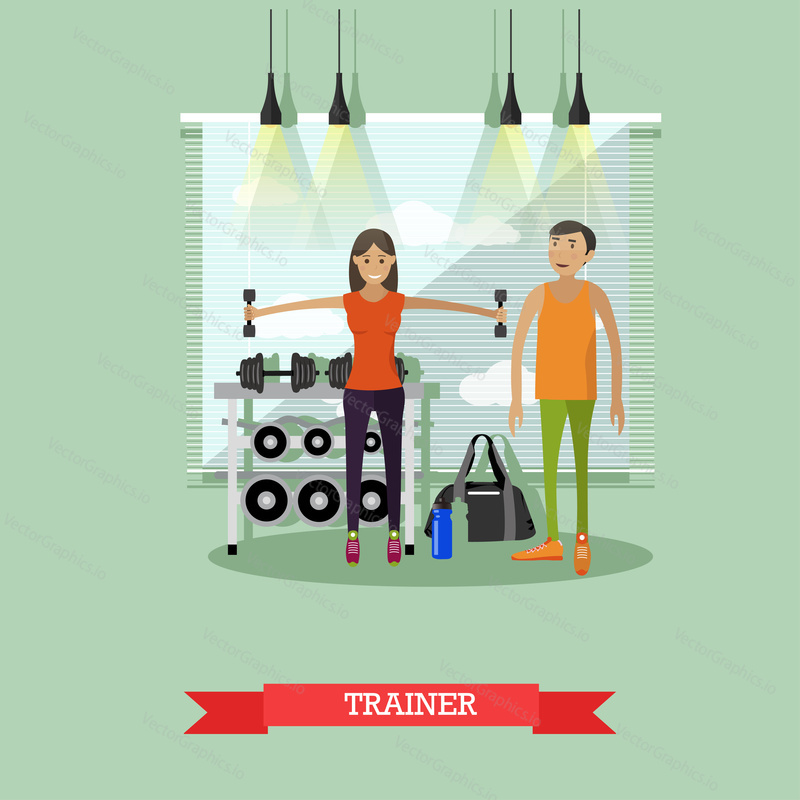 Girl working out with personal trainer in a gym. Fitness center banner. Sport gym equipment and accessories. Training concept illustration.