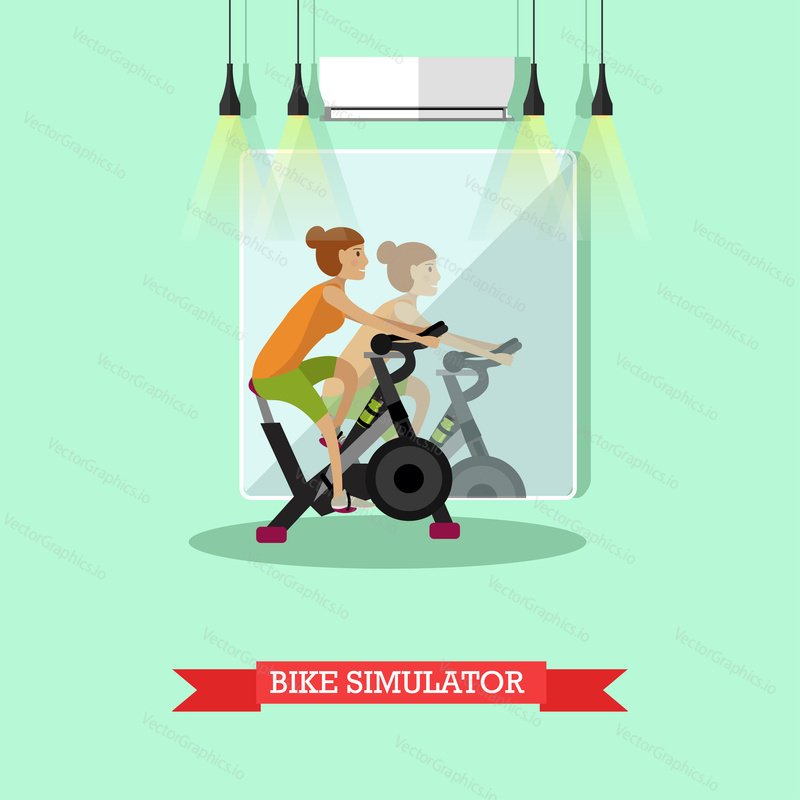 Woman working out on exercise bike in fitness center. Girl in gym vector poster.