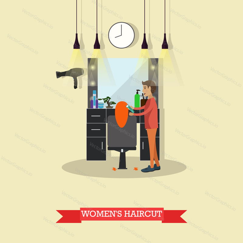 Beauty salon interior vector concept banners. Hair style design studio. Women in haircut atelier.
